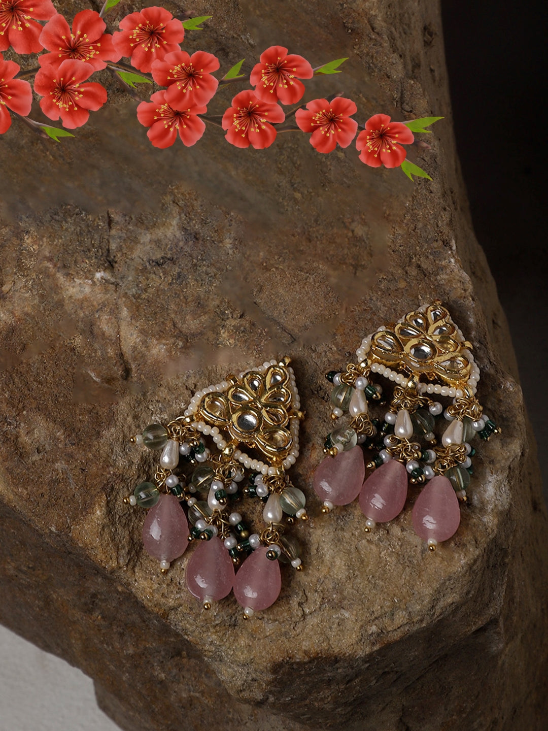 Pink and Green Kundan Earring with Pink Drops from Dugristyle Ruhaniyat By Dugran