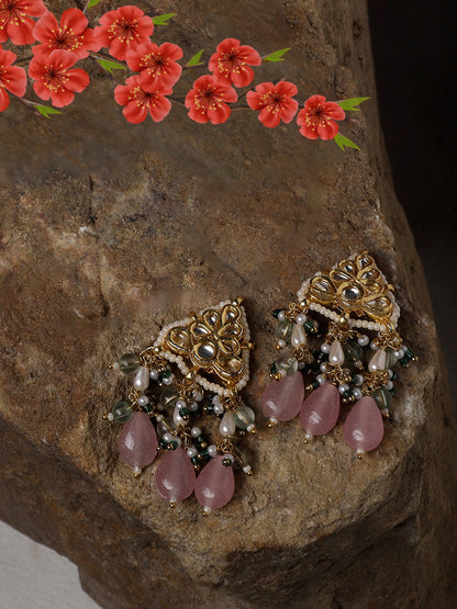 Pink and Green Kundan Earring with Pink Drops from Dugristyle Ruhaniyat By Dugran