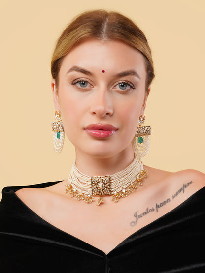 Jadau work earring with chand shaped kundan tikra