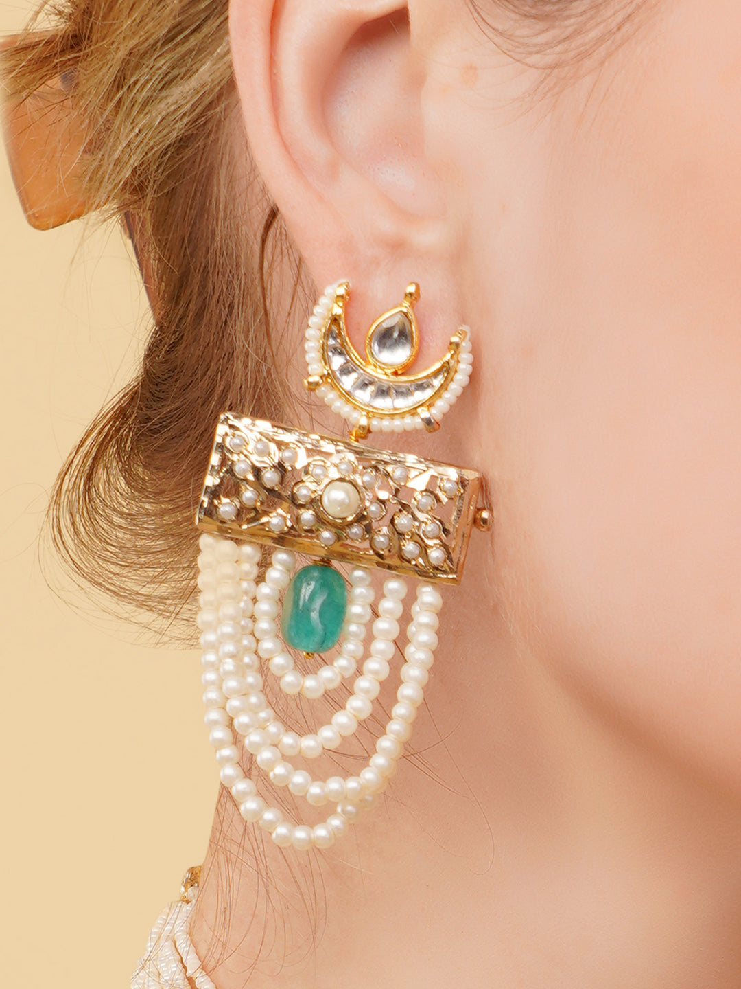 Jadau work earring with chand shaped kundan tikra