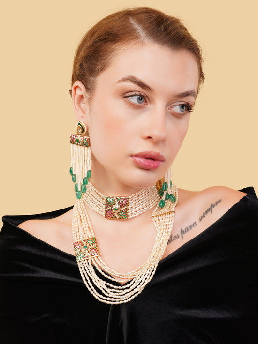 Green and Gold Jadau work earring with meenakari in drop shaped kundan tikra from Dugristyle Ruhaniyat By Dugran
