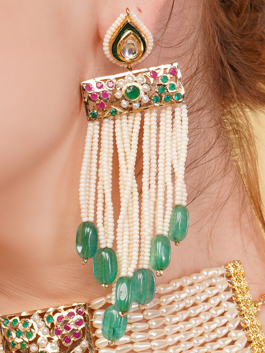 Jadau work earring with meenakari in drop shaped kundan tikra