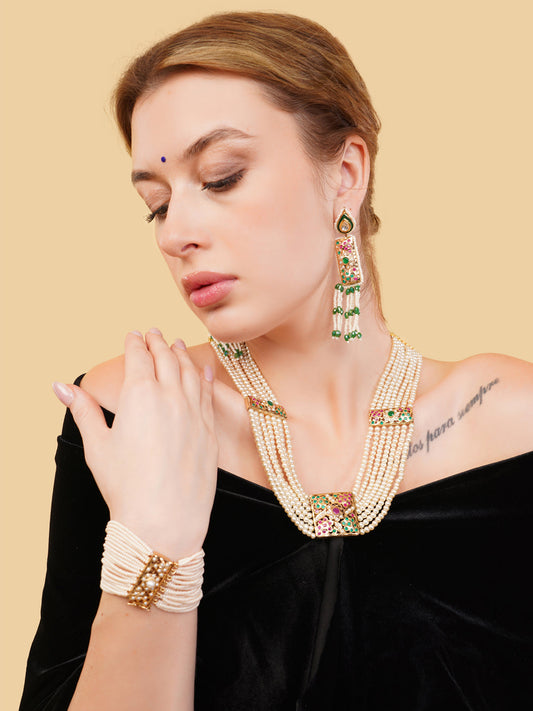 Green and Gold Jadau Earring with kundan drop shaped tikra and meenakari touch from Dugristyle Ruhaniyat By Dugran
