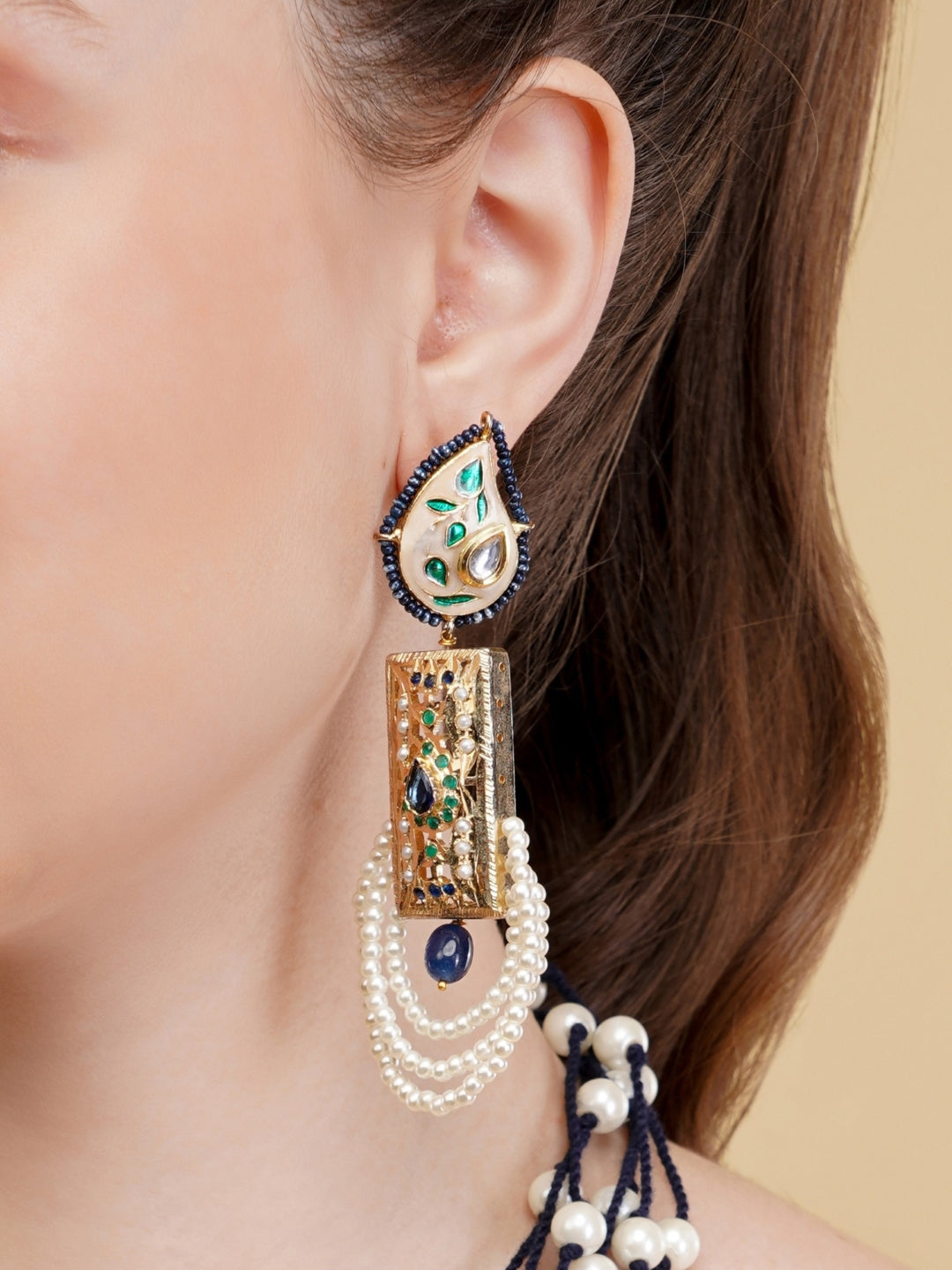 Blue and Green Peacock inspired Colors in jadau work earring with meenakari tikra from Dugristyle Ruhaniyat By Dugran