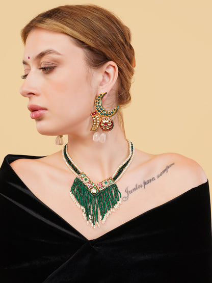 Chand Shaped kundan earringwith natural stone work