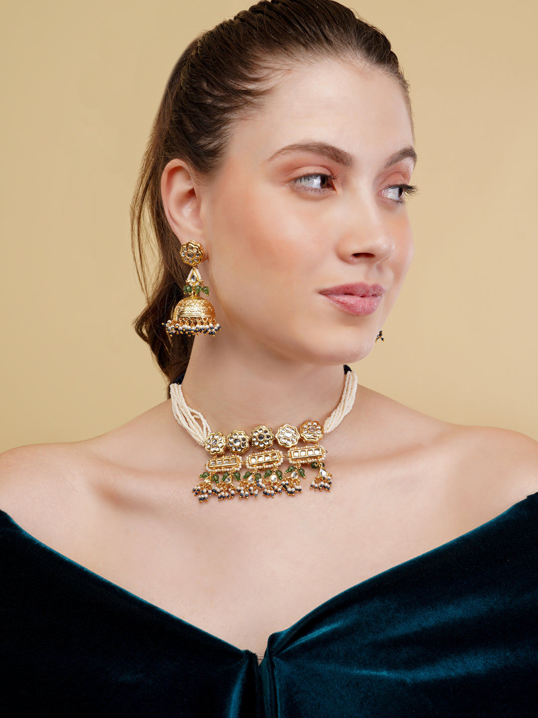 Green and Gold Kundan tikra with brass designer jhumki from Dugristyle Ruhaniyat By Dugran