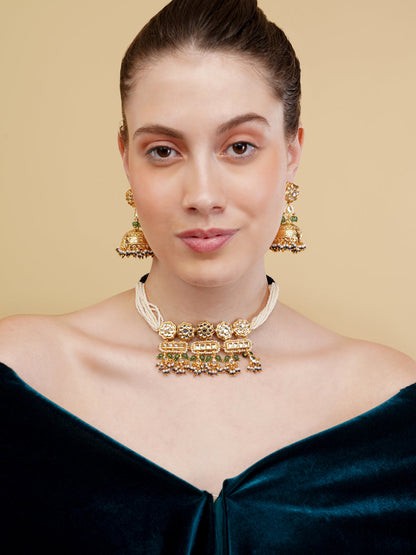 Green and Gold Kundan tikra with brass designer jhumki from Dugristyle Ruhaniyat By Dugran