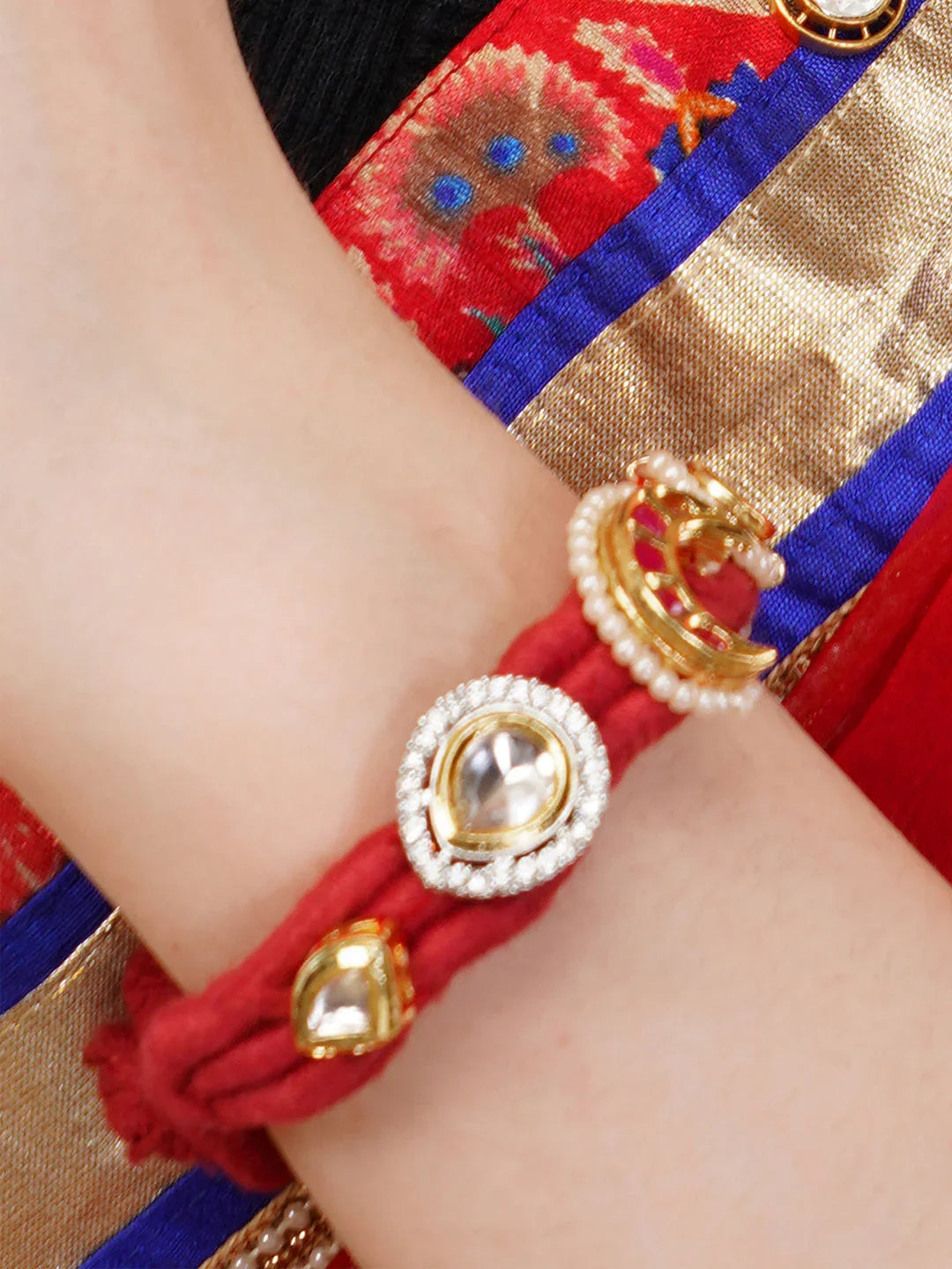 Red and Green Handmade Thread Bracelet with Multi Color Kundan work from Dugristyle Ruhaniyat By Dugran