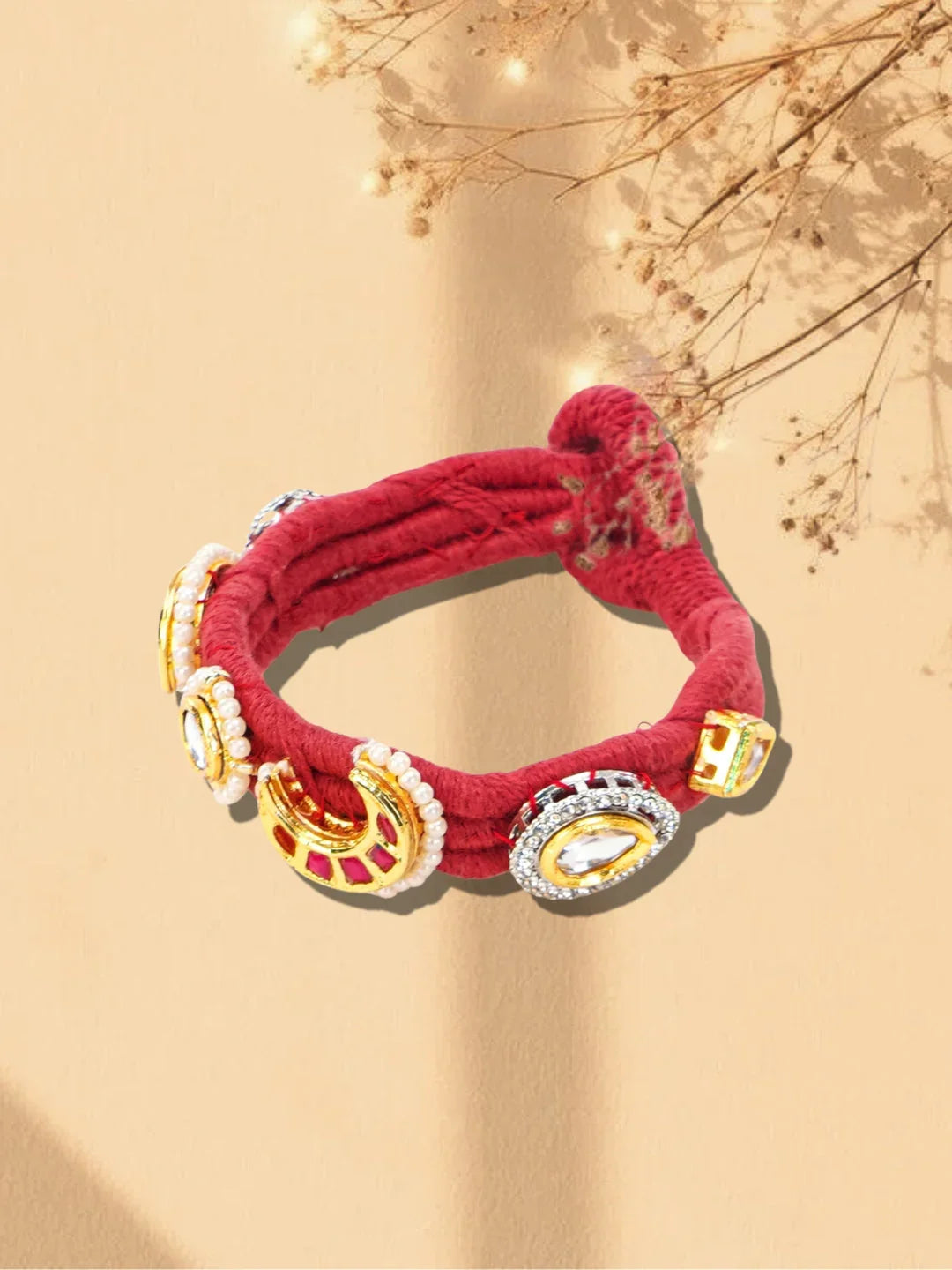 Red and Green Handmade Thread Bracelet with Multi Color Kundan work from Dugristyle Ruhaniyat By Dugran