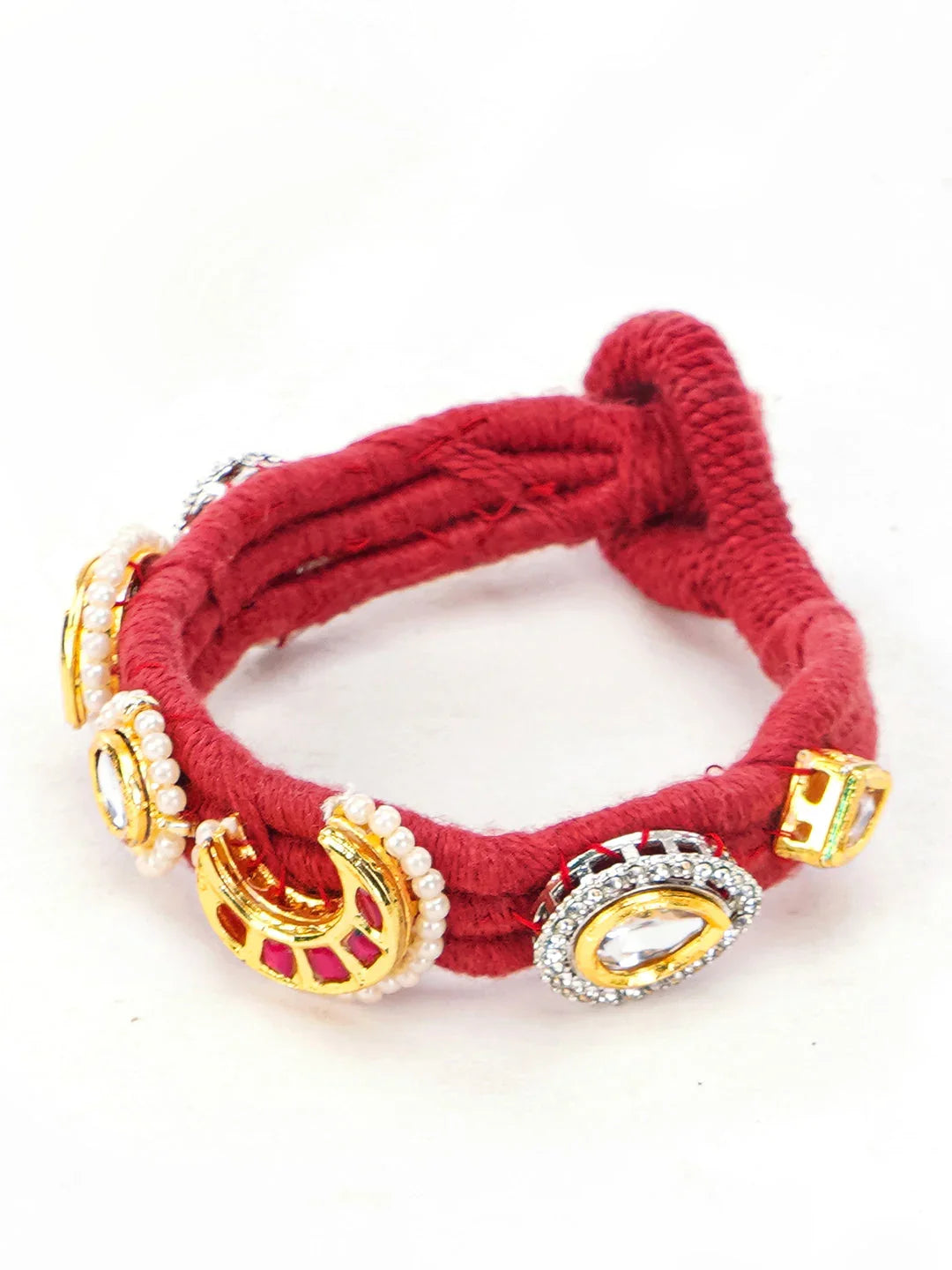 Red and Green Handmade Thread Bracelet with Multi Color Kundan work from Dugristyle Ruhaniyat By Dugran
