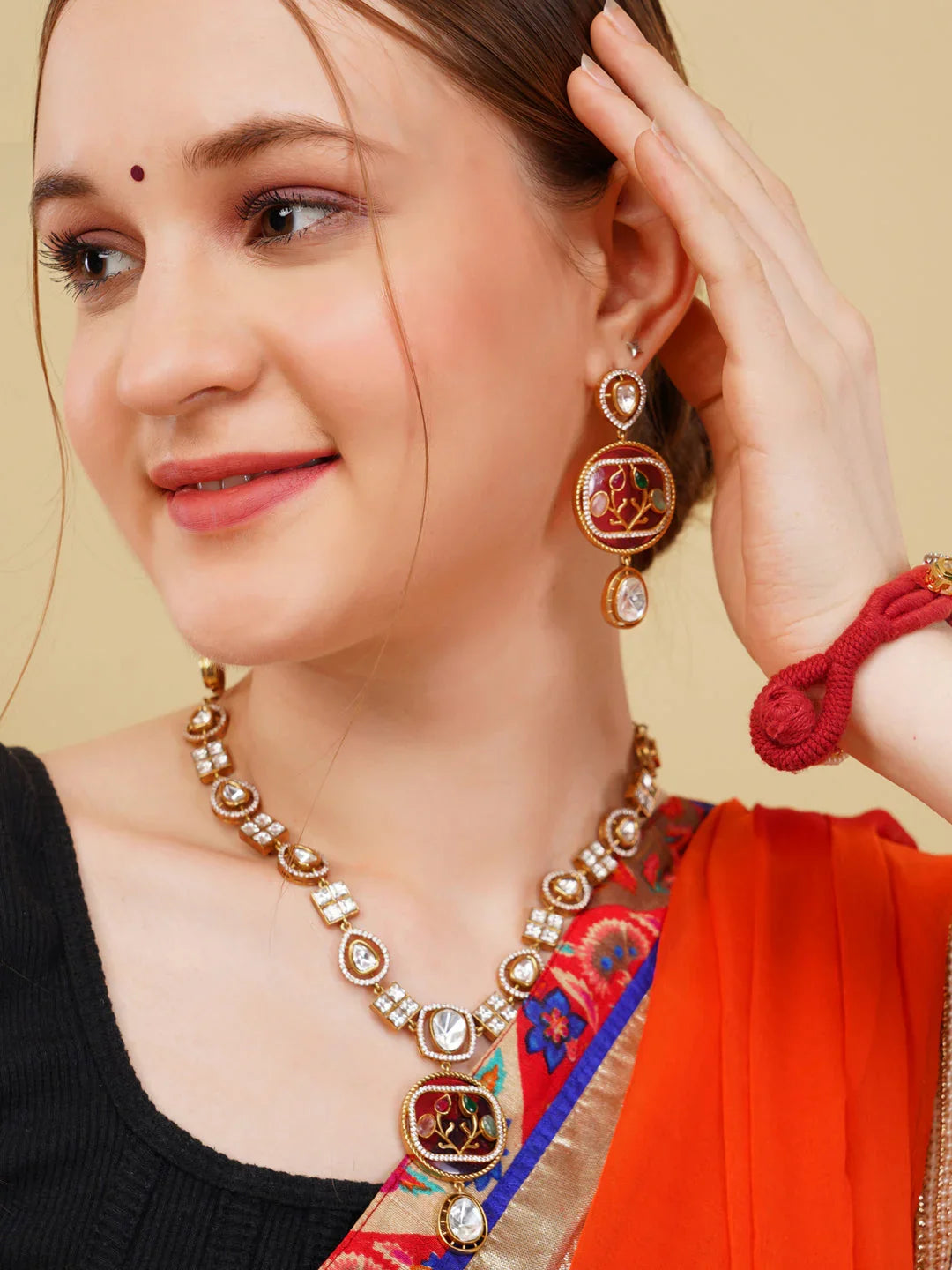 Red and Green Handmade Thread Bracelet with Multi Color Kundan work from Dugristyle Ruhaniyat By Dugran