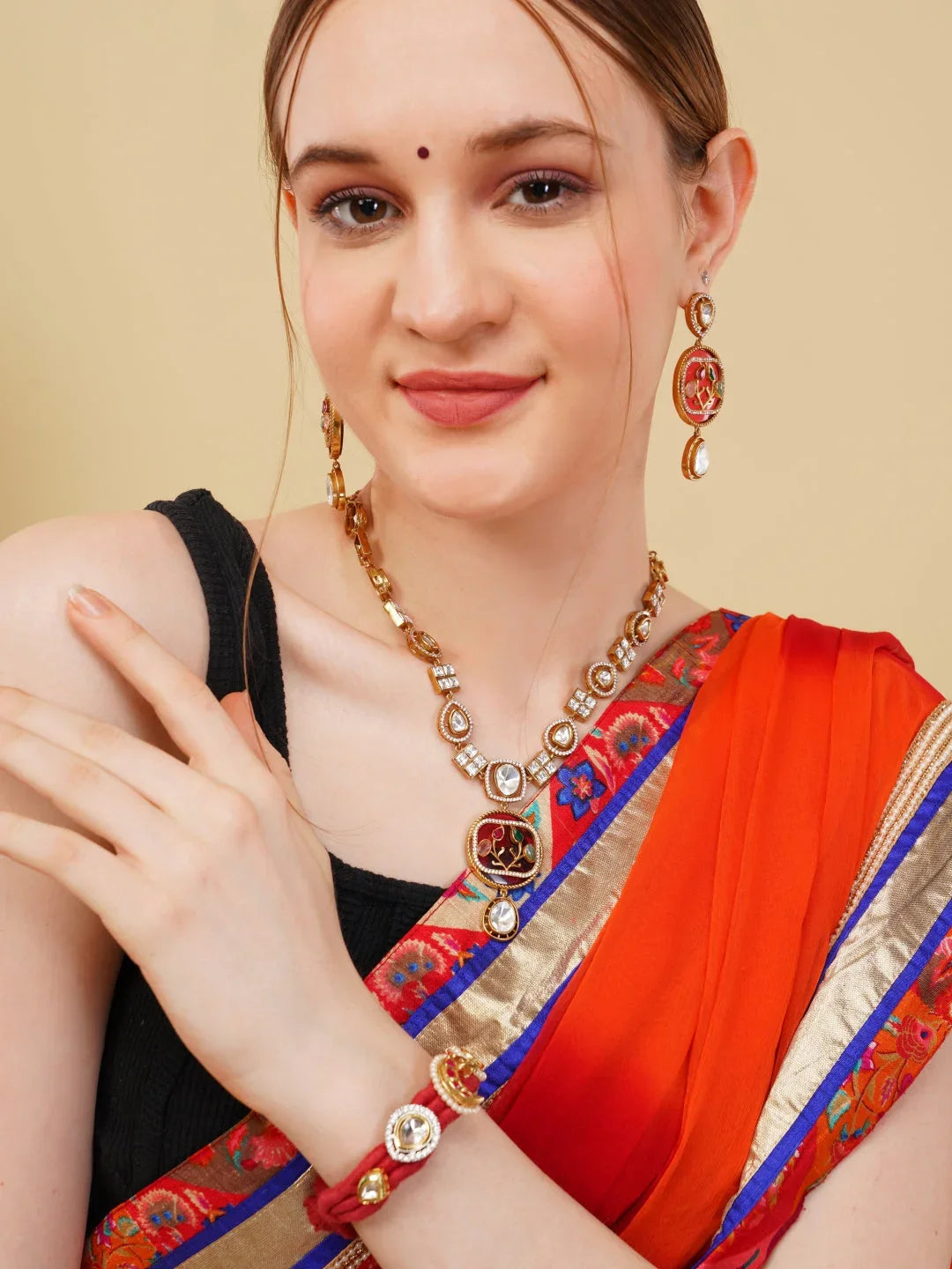 Red and Green Handmade Thread Bracelet with Multi Color Kundan work from Dugristyle Ruhaniyat By Dugran
