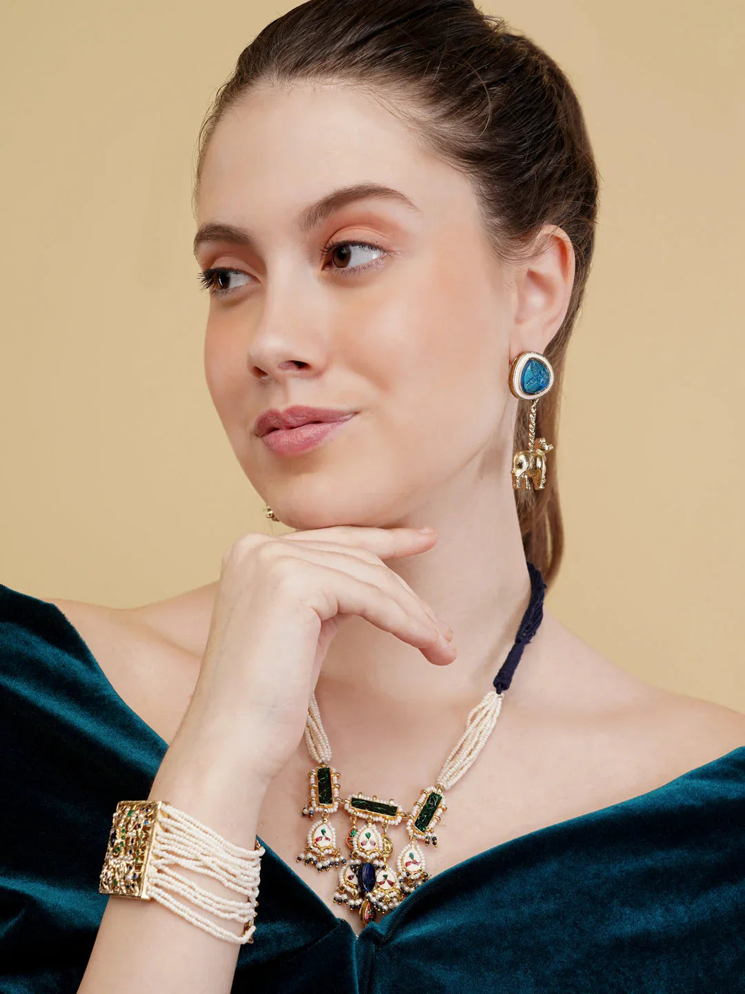 Blue and White Peacock inspired Jadau bracelet with Pearl Layers from Dugristyle Ruhaniyat By Dugran