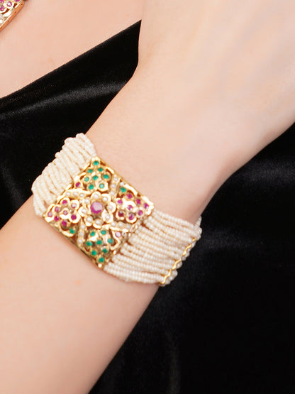 Red and Gold Jadau bracelet with Pearl Layers from Dugristyle Ruhaniyat By Dugran
