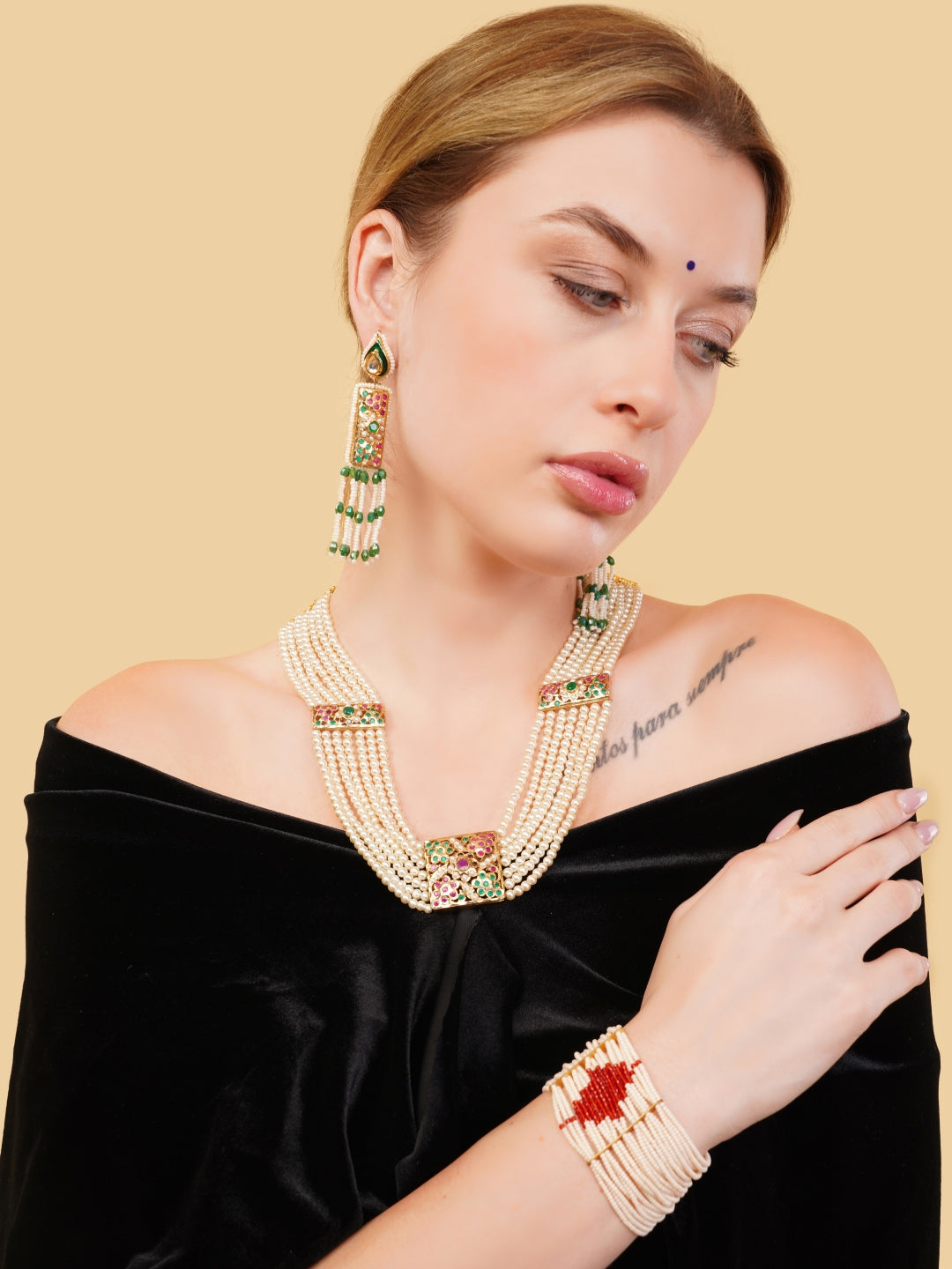 Gold and White Single Color moti Jadau bracelet with Pearl Layers from Dugristyle Ruhaniyat By Dugran