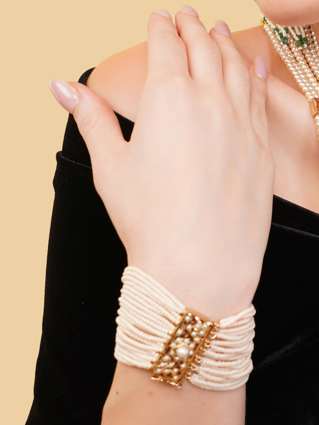 Gold and White Single Color moti Jadau bracelet with Pearl Layers from Dugristyle Ruhaniyat By Dugran