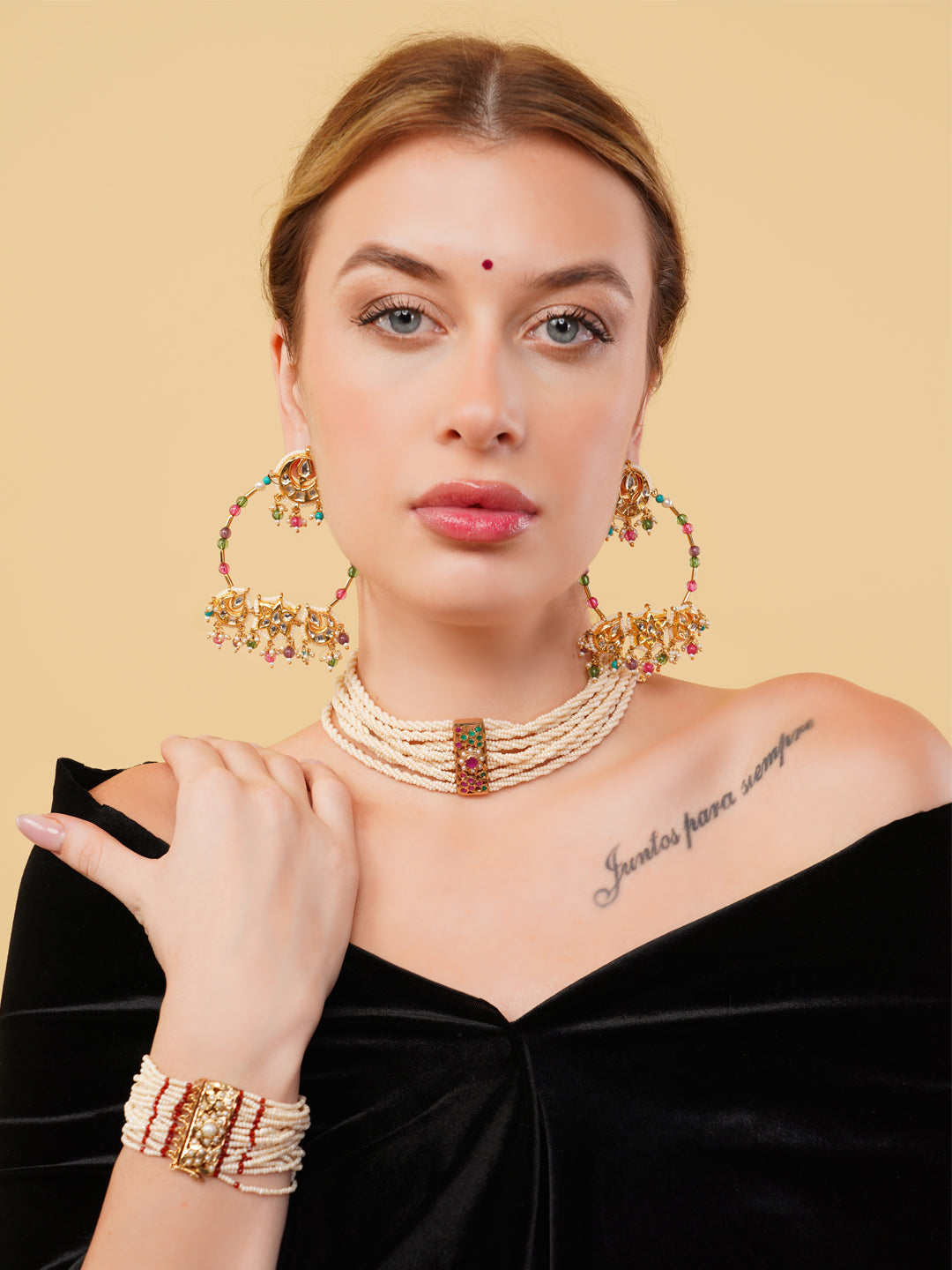Red and Cream Jadau bracelet with Pearl Layers and Touch of Faux Ruby from Dugristyle Ruhaniyat By Dugran