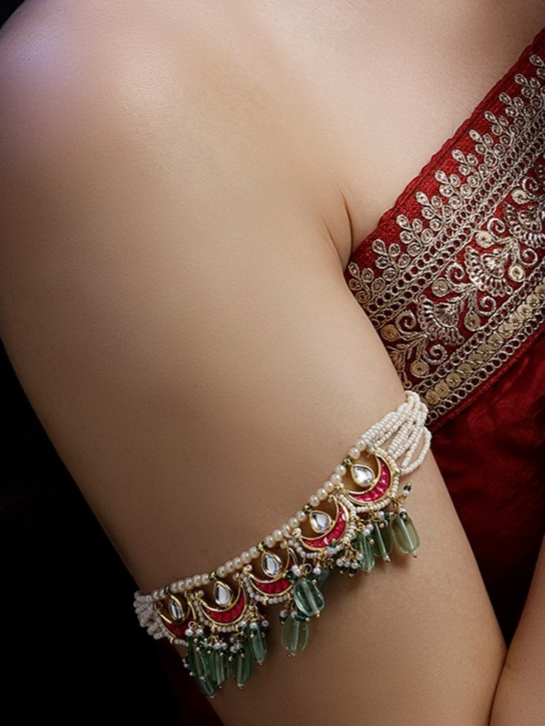 Green and Red Kundan Bajuband with Designer Adjustable Dori from Dugristyle Ruhaniyat By Dugran