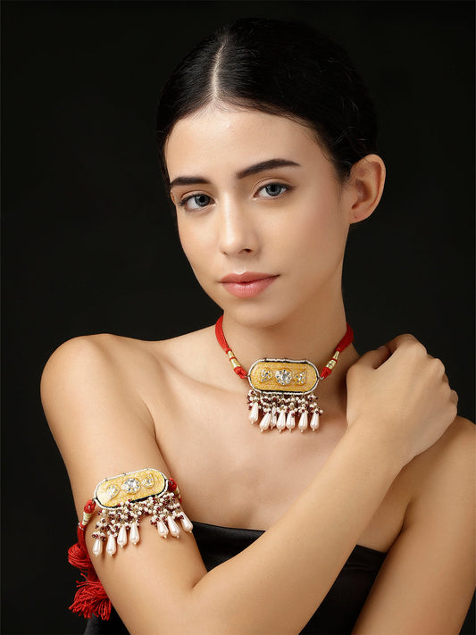 Red and Peach Meenakari Bajuband with adjustable Dori from Dugristyle Ruhaniyat By Dugran
