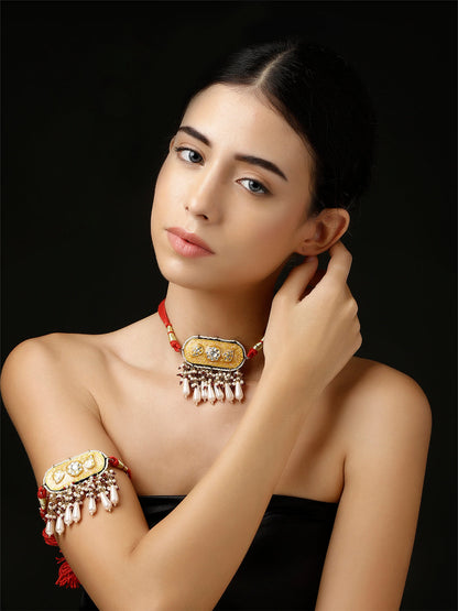 Red and Peach Meenakari Bajuband with adjustable Dori from Dugristyle Ruhaniyat By Dugran
