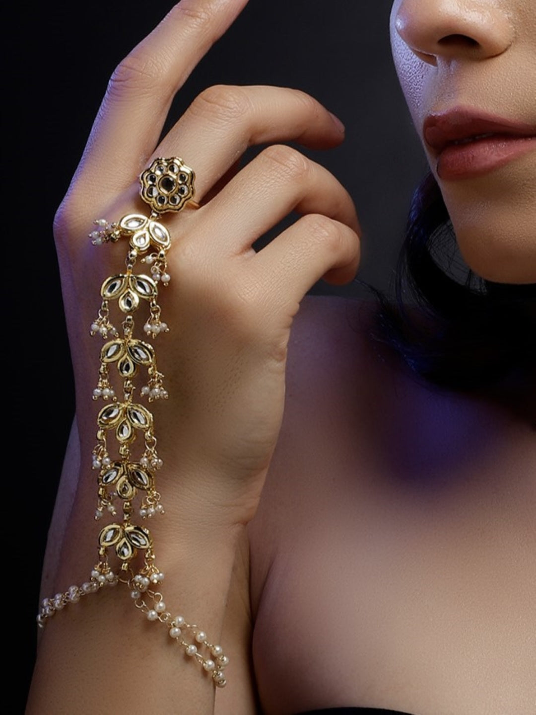 Gold and White Kundan Hathphool with Ring and pearls chain from Dugristyle Ruhaniyat By Dugran