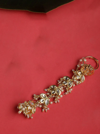 Gold and White Kundan Hathphool with Ring and pearls chain from Dugristyle Ruhaniyat By Dugran