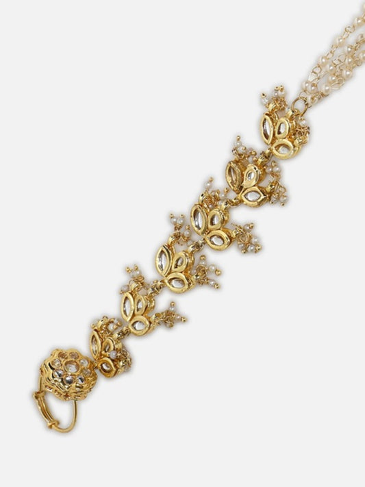 Gold and White Kundan Hathphool with Ring and pearls chain from Dugristyle Ruhaniyat By Dugran