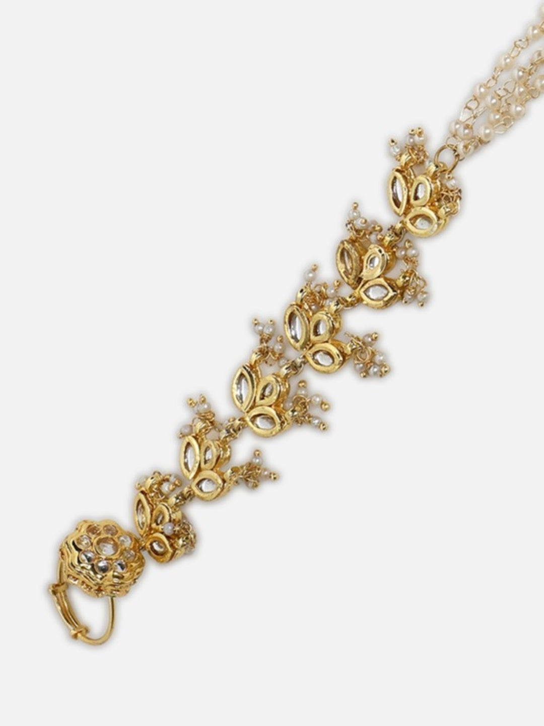 Gold and White Kundan Hathphool with Ring and pearls chain from Dugristyle Ruhaniyat By Dugran