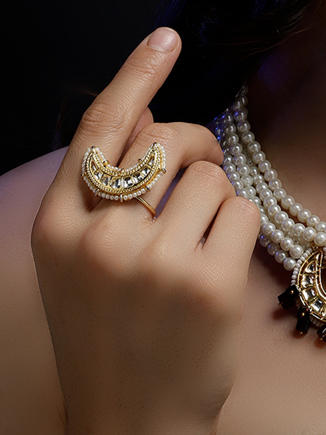 Gold and White Chand Shaped Kundan Rings from Dugristyle Ruhaniyat By Dugran