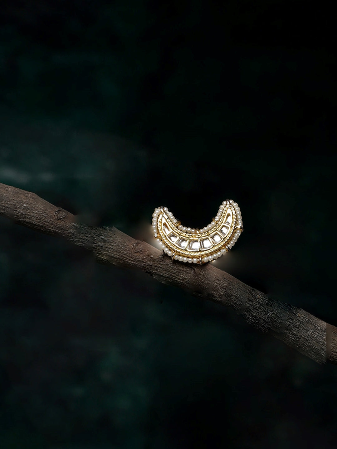 Gold and White Chand Shaped Kundan Rings from Dugristyle Ruhaniyat By Dugran