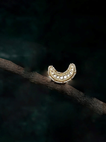 Gold and White Chand Shaped Kundan Rings from Dugristyle Ruhaniyat By Dugran