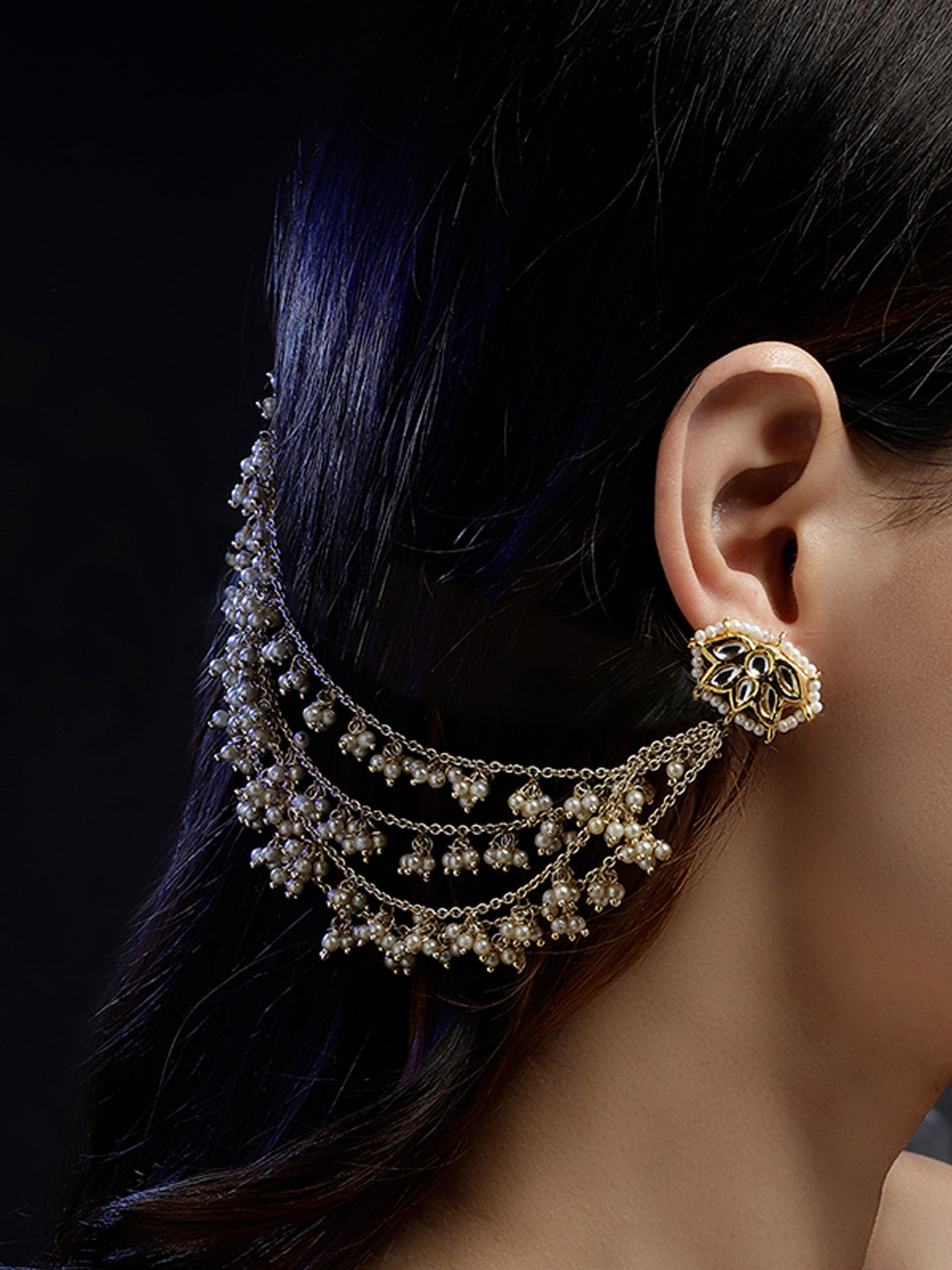 Gold and White Kundan  Kanchain with Multilayer Pearl Strings from Dugristyle Ruhaniyat By Dugran