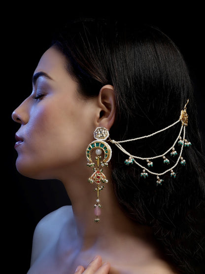 Blue and Gold Kundan  Kanchain with Multilayer Pearl Strings from Dugristyle Ruhaniyat By Dugran