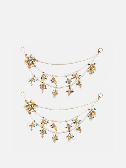 Peach and Green Kundan  Kanchain with Multilayer Pearl Strings from Dugristyle Ruhaniyat By Dugran