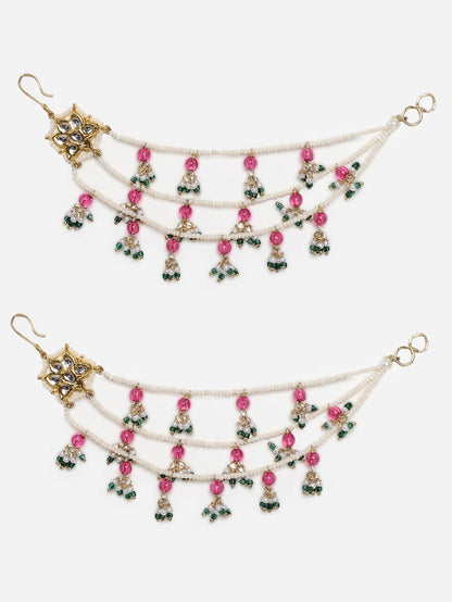 Pink and Green Kundan  Kanchain with Multilayer Pearl Strings from Dugristyle Ruhaniyat By Dugran