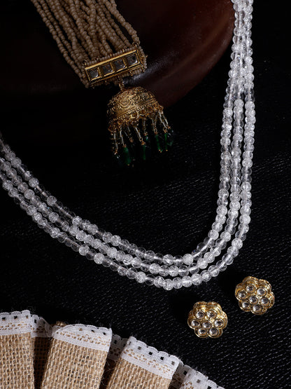 Green and Gold Kundan  Kanchain with Multilayer Pearl Strings and Brass Jhumki from Dugristyle Ruhaniyat By Dugran