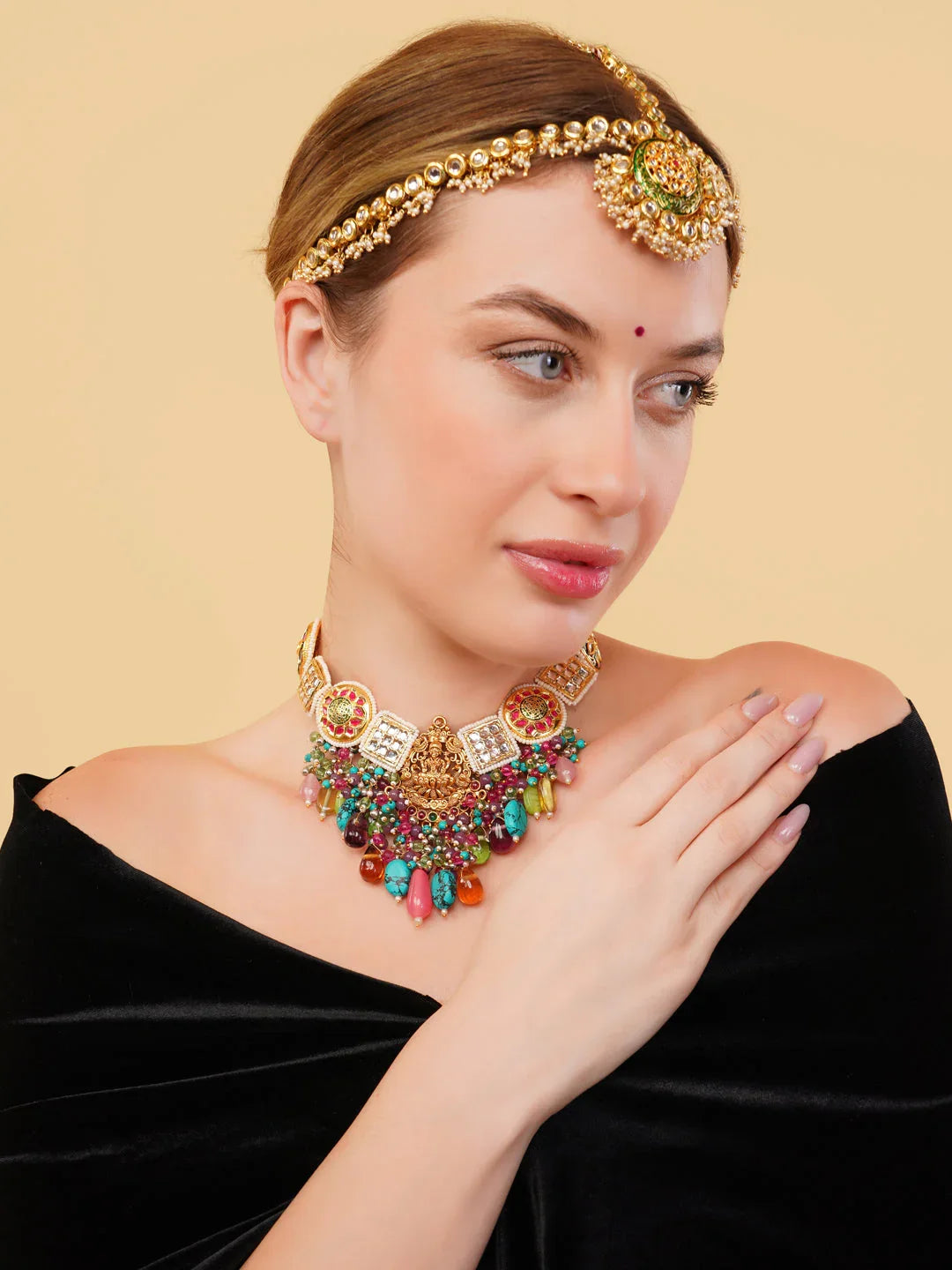 Gold and Green Kundan Matha Patti with Meenakari Touch from Dugristyle Ruhaniyat By Dugran