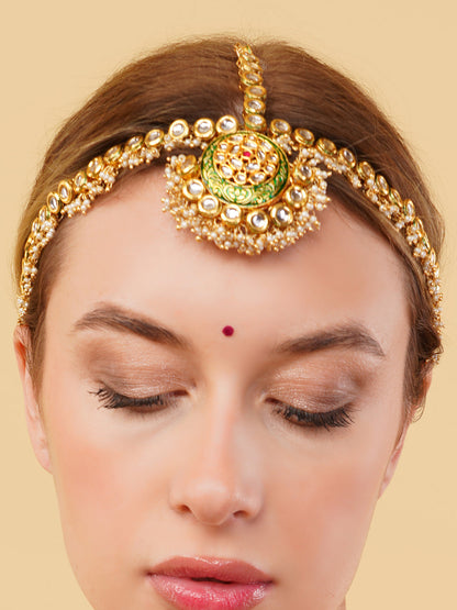 Gold and Green Kundan Matha Patti with Meenakari Touch from Dugristyle Ruhaniyat By Dugran
