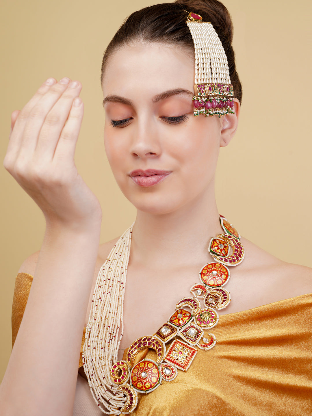 Pink and Red Kundan Passa with pearl work and Jadau tikras from Dugristyle Ruhaniyat By Dugran