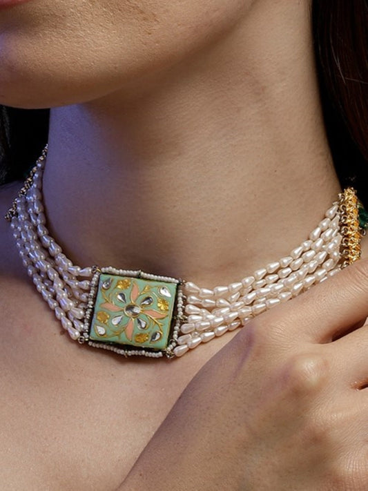Green and Perach Meenakari Necklace with Pearls String and Adjustable Dori from Dugristyle Ruhaniyat By Dugran
