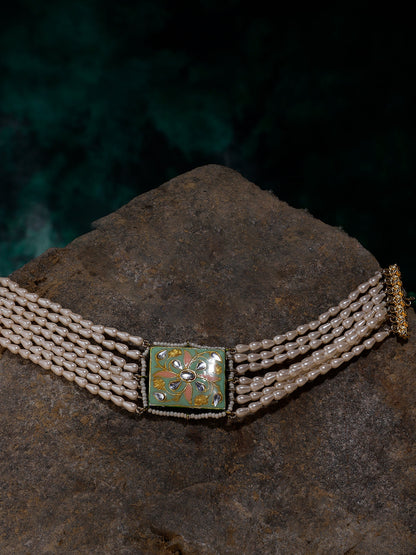 Green and Perach Meenakari Necklace with Pearls String and Adjustable Dori from Dugristyle Ruhaniyat By Dugran