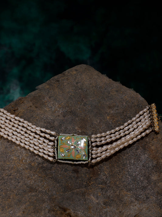 Green and Perach Meenakari Necklace with Pearls String and Adjustable Dori from Dugristyle Ruhaniyat By Dugran