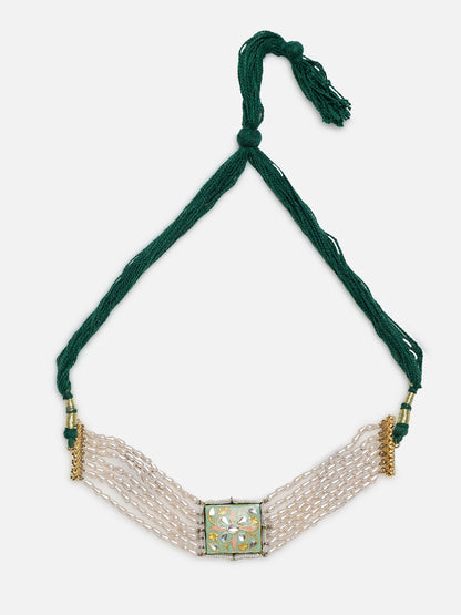 Green and Perach Meenakari Necklace with Pearls String and Adjustable Dori from Dugristyle Ruhaniyat By Dugran