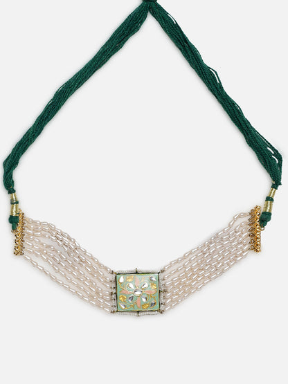 Green and Perach Meenakari Necklace with Pearls String and Adjustable Dori from Dugristyle Ruhaniyat By Dugran