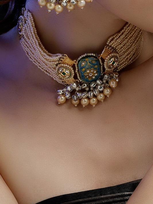 Blue and Cream Meenakari Necklace with Pearls String and Adjustable Dori and silver Ghungroo from Dugristyle Ruhaniyat By Dugran
