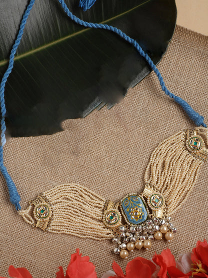 Blue and Cream Meenakari Necklace with Pearls String and Adjustable Dori and silver Ghungroo from Dugristyle Ruhaniyat By Dugran