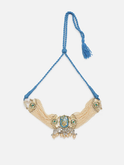 Blue and Cream Meenakari Necklace with Pearls String and Adjustable Dori and silver Ghungroo from Dugristyle Ruhaniyat By Dugran