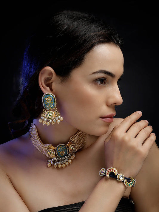 Blue and Cream Meenakari Necklace with Pearls String and Adjustable Dori and silver Ghungroo from Dugristyle Ruhaniyat By Dugran