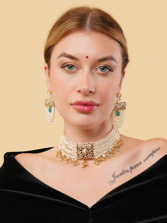 Gold and Red Jadau Setting Chokar, with Pachi Kundan Hangings from Dugristyle Ruhaniyat By Dugran