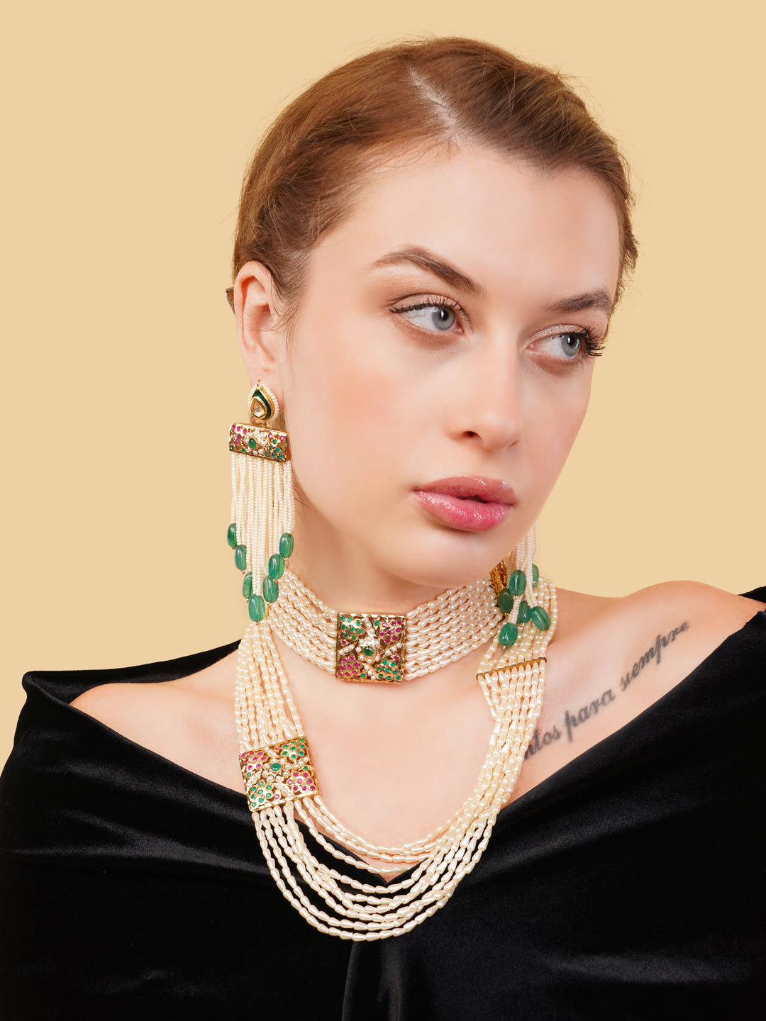 Jadau Setting Choker with Pearl lines and Adjustable Chain